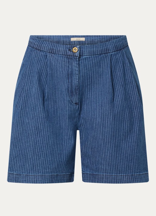 Sessùn Santa high waist wide fit korte broek van chambray met krijtstreep - voorkant 2 indigo