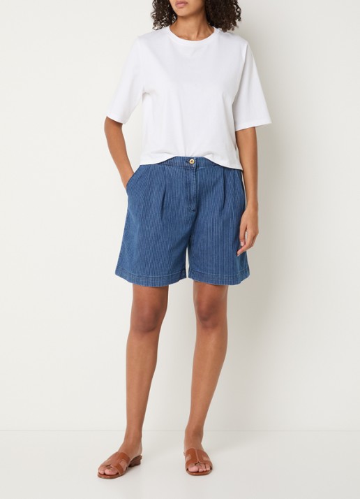 Sessùn Santa high waist wide fit korte broek van chambray met krijtstreep - voorkant 3 indigo