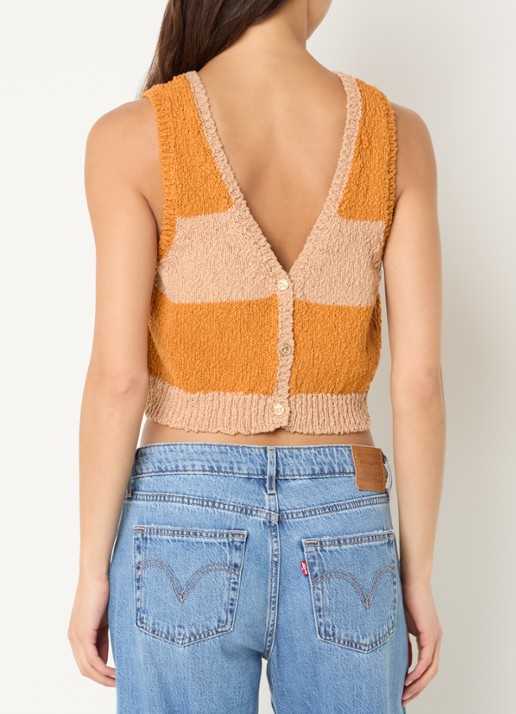 Sessùn Saolo grofgebreide crop top met streepprint - achterkant 3 okergeel