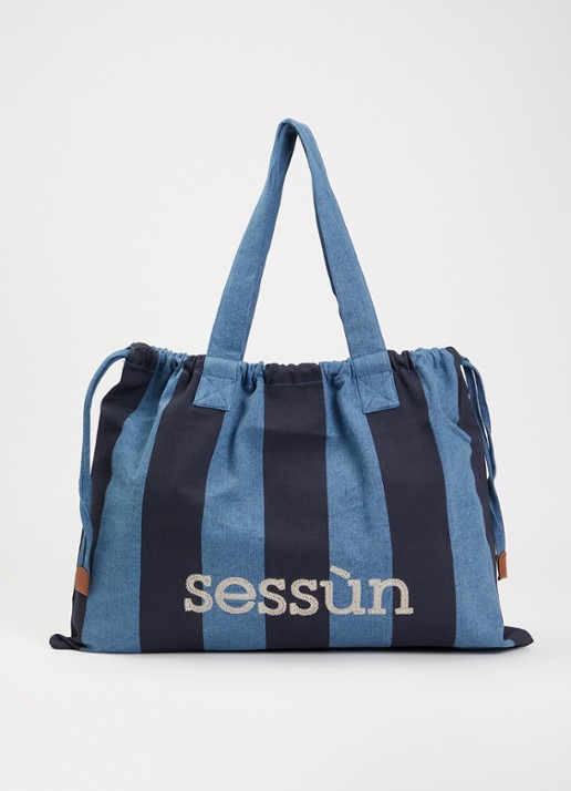 Sessùn Titoo shopper van denim met streepprint en logoborduring