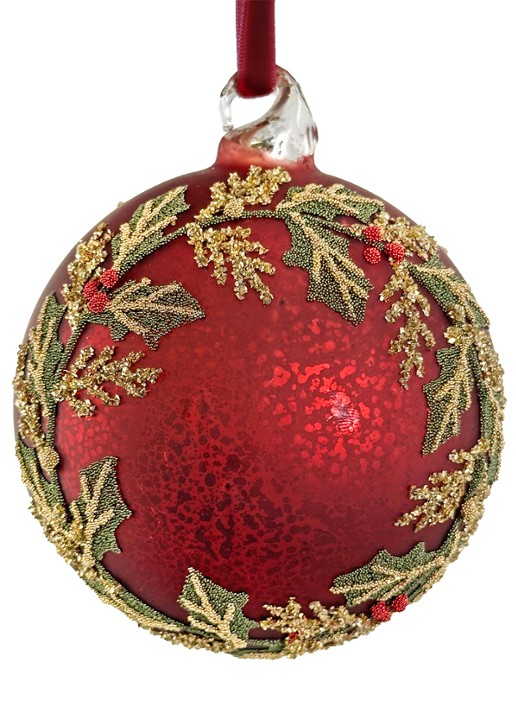 Shishi Krans Hulst kerstbal 10 cm - voorkant donkerrood