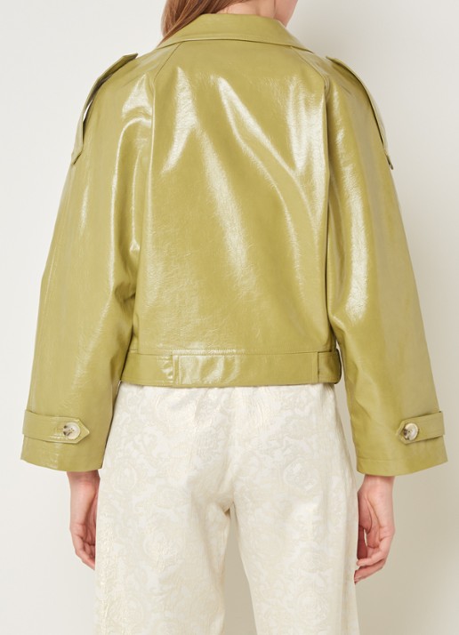 Silvian Heach Fuetto double-breasted jas van imitatieleer met strikceintuur - achterkant khaki