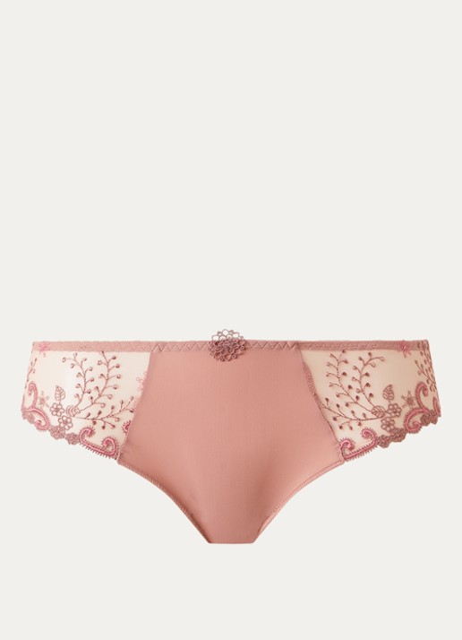 Simone Pérèle Delice tanga met mesh en borduring - voorkant 2 zalmroze