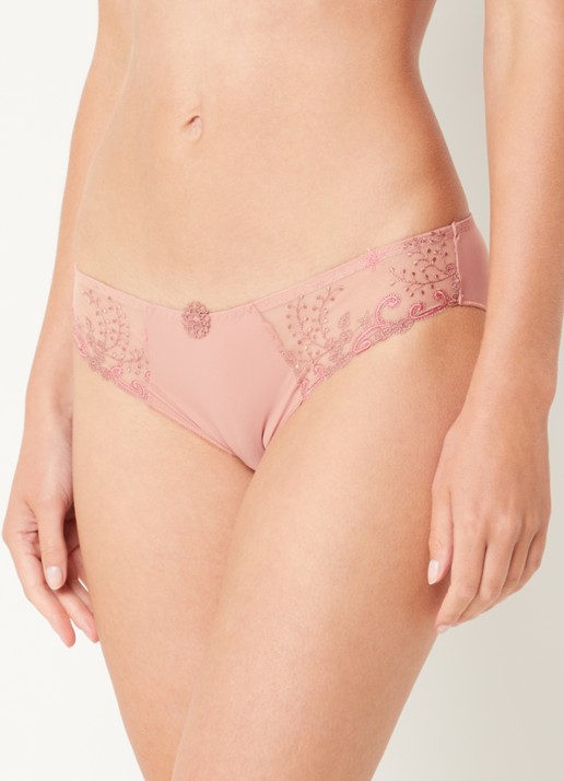 Simone Pérèle Delice tanga met mesh en borduring - voorkant 3 zalmroze