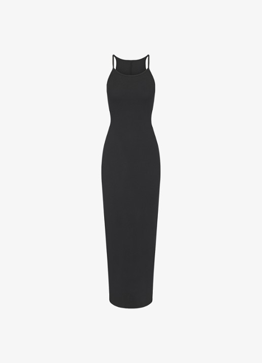 SKIMS Cotton Rib maxi jurk met ribstructuur en split - voorkant 3 zwart