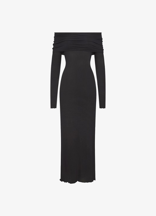 SKIMS Sheer Modal off shoulder maxi jurk in kasjmierblend  - voorkant zwart