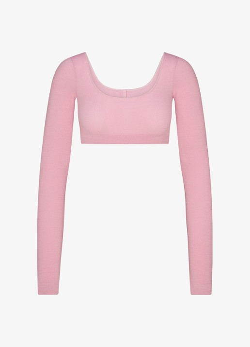 SKIMS Sheer Seamless crop top in wolblend - voorkant 3 halite / roze