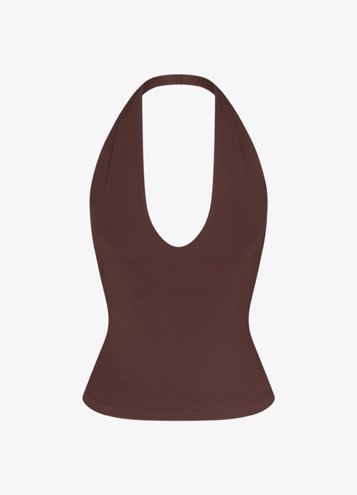 SKIMS Smooth Layers haltertop  - voorkant chocoladebruin