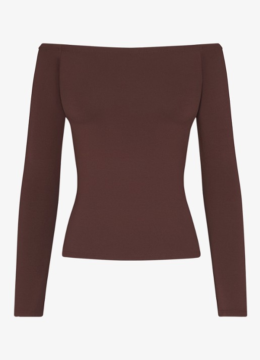 SKIMS Smooth Layers off shoulder top - voorkant 4 chocoladebruin