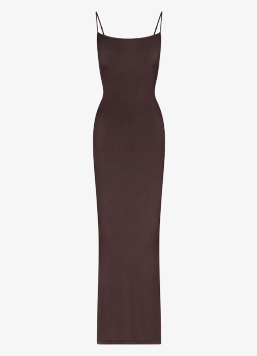 SKIMS Soft Lounge maxi jurk met ribstructuur - voorkant donkerbruin