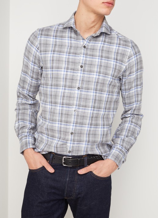 Slim fit overhemd met ruitdessin - detail lichtgrijs