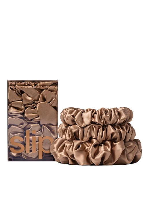 slip Back To Basics Pure Silk Scrunchies Set - haarelastiek van zijde set van 3 - voorkant 5 light brown