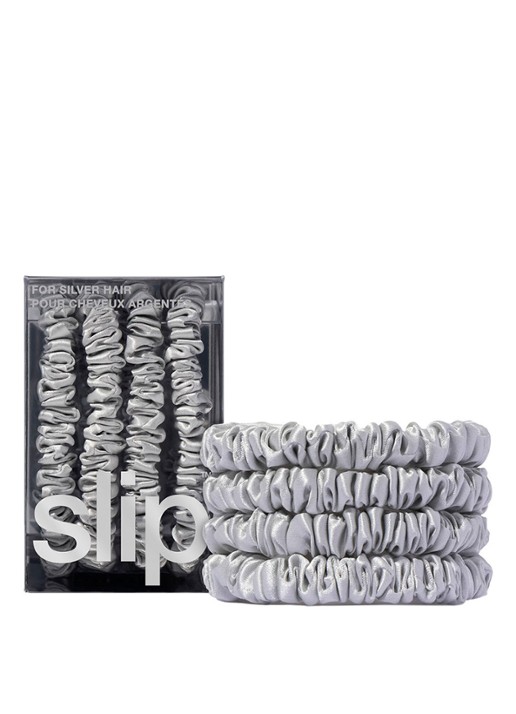 slip Pure Silk Skinny Scrunchies - zijden haarelastiek - voorkant 2 silver