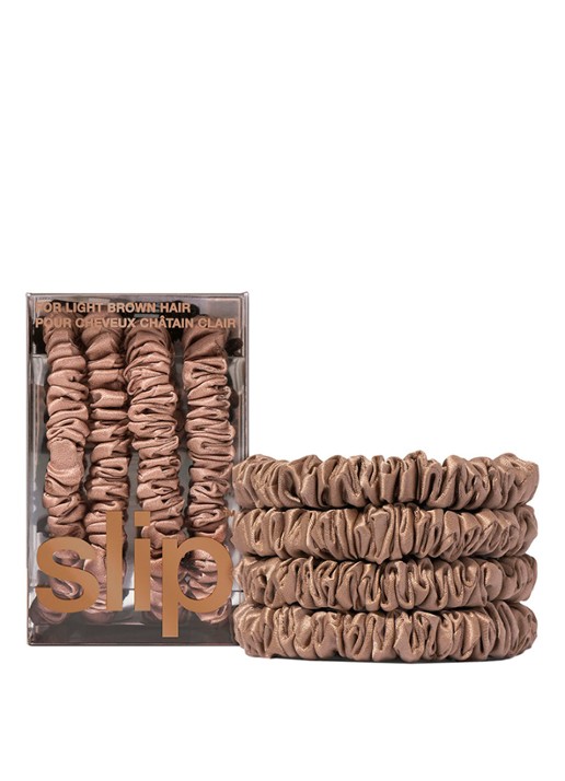 slip Pure Silk Skinny Scrunchies - zijden haarelastiek - voorkant 2 light brown