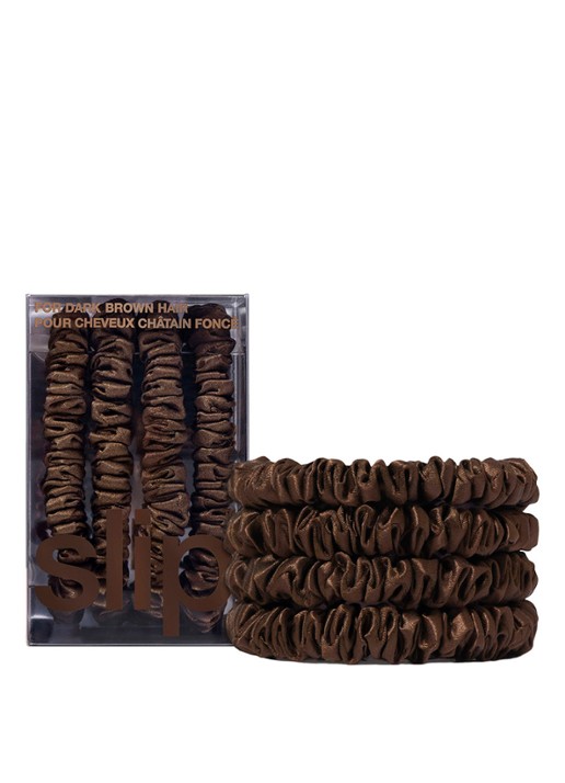 slip Pure Silk Skinny Scrunchies - zijden haarelastiek - voorkant 2 dark brown