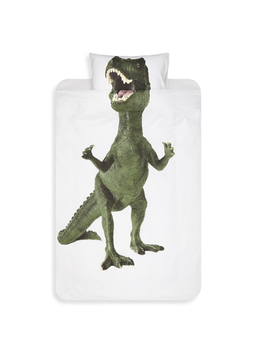 Snurk Dinosaurus Rex katoenen kinderdekbedovertrekset 160TC - inclusief kussenslopen - voorkant 2 groen