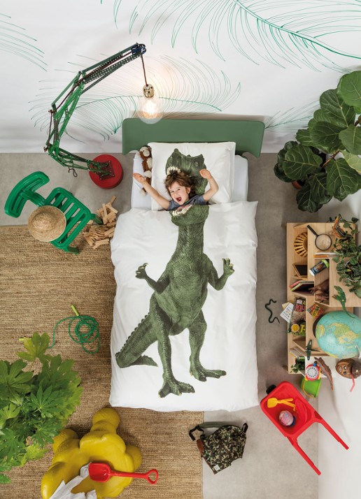Snurk Dinosaurus Rex katoenen kinderdekbedovertrekset 160TC - inclusief kussenslopen - voorkant 3 groen