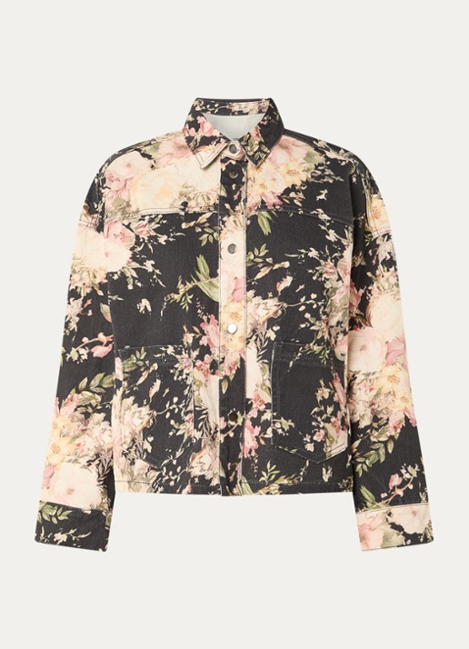 Sofie Schnoor Amaya boxy spijkerjas met opgestikte zakken en bloemenprint - voorkant 3 zwart