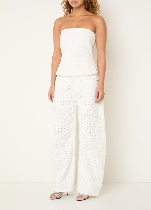 Sofie Schnoor Avasw off-shoulder top van denim met 3D print - voorkant 4 wit