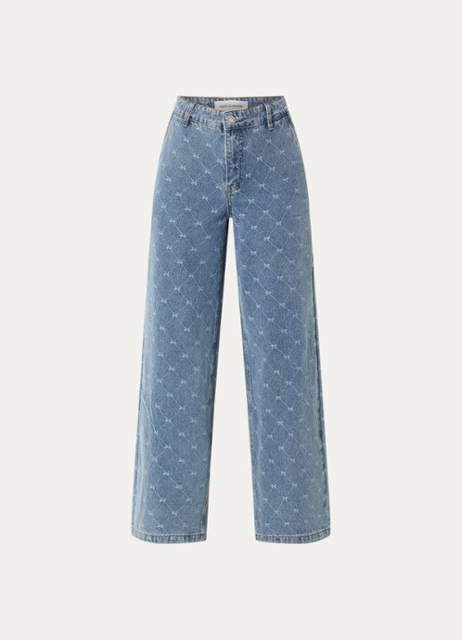 Sofie Schnoor Azzi-low high waist wide leg jeans met lichte wassing en ruitdessin - voorkant indigo