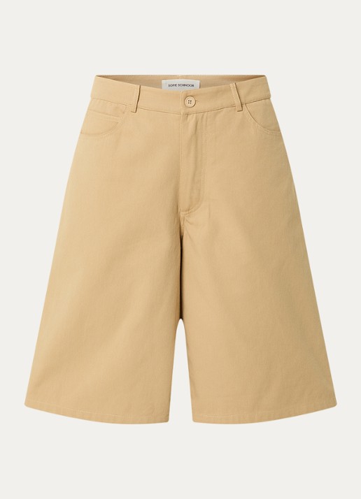 Sofie Schnoor Harleysw mid waist wide fit korte broek van denim met gekleurde wassing - voorkant 3 camel