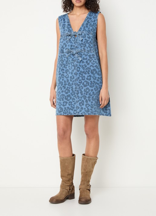 Sofie Schnoor Ingrid mini jurk van denim met panterprint - voorkant 2 indigo