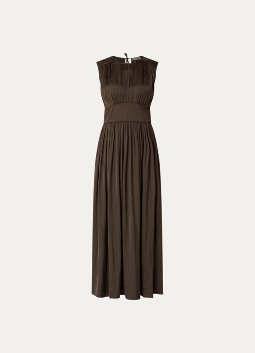 Sofie Schnoor Linsw maxi jurk met plooidetail - voorkant 3 donkerbruin