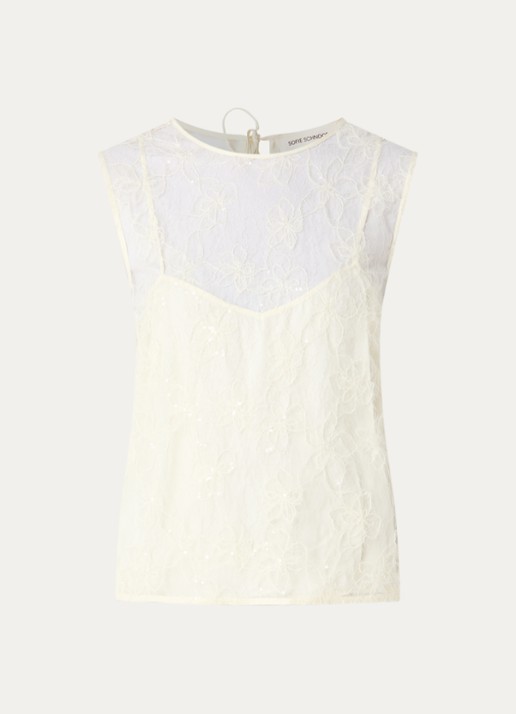 Sofie Schnoor Odessasw semi-transparante top van mesh met pailletten en borduring - voorkant creme