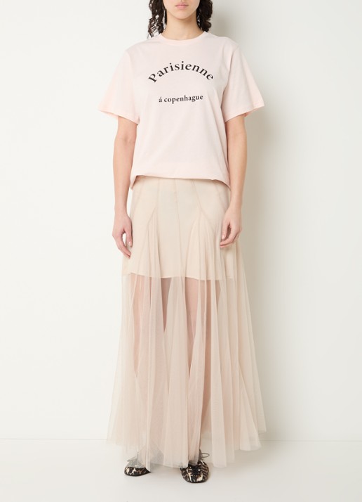 Sofie Schnoor Roasly semi-transparante maxi rok van mesh - voorkant 4 zand