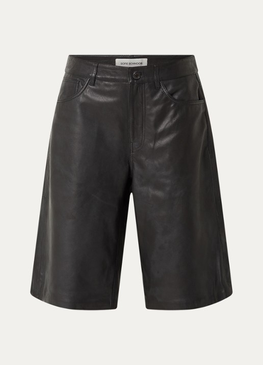 Sofie Schnoor Voke high waist wide leg korte broek van lamsleer - voorkant 2 zwart
