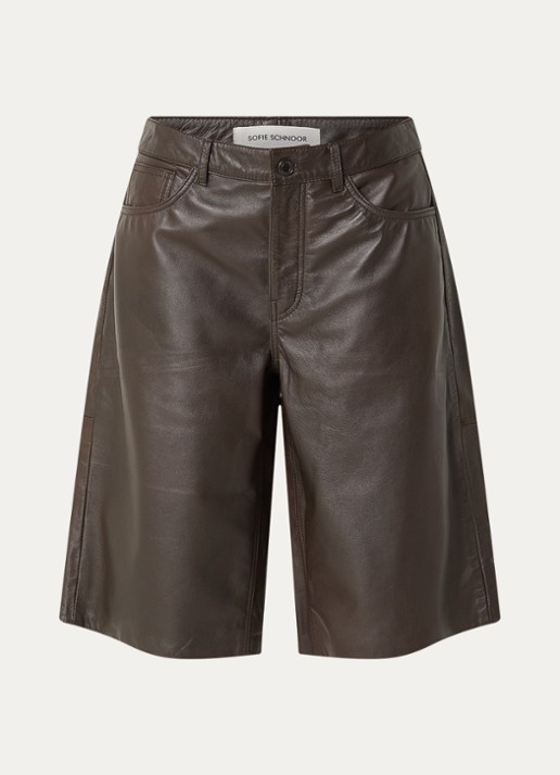 Sofie Schnoor Voke high waist wide leg korte broek van lamsleer - voorkant 2 donkerbruin