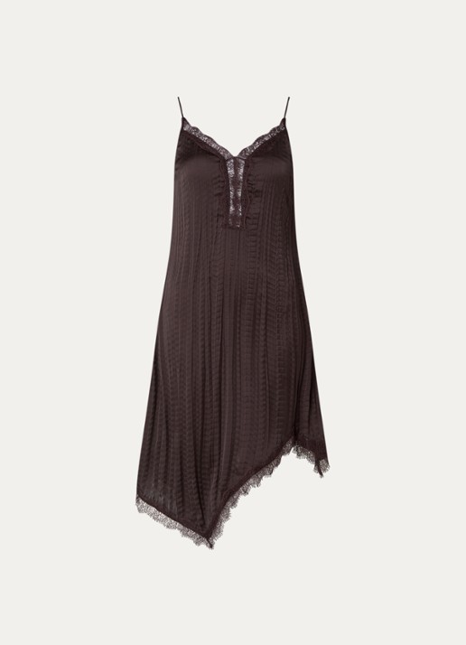Sofie Schnoor Winonasw midi jurk met asymmetrische zoom en details van kant - voorkant 3 donkerbruin