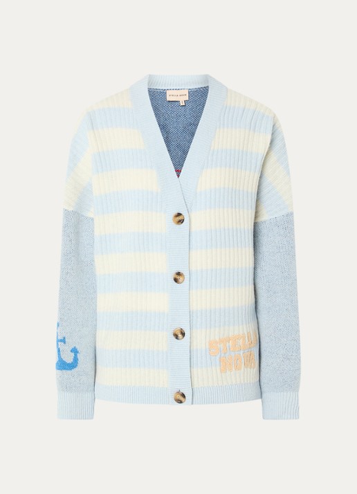 Stella Nova Fijngebreid vest in wolblend met print - voorkant blauw