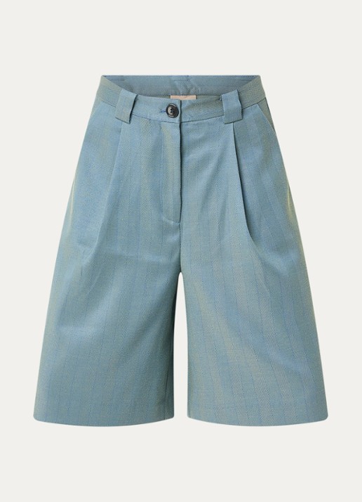 Stella Nova Mid waist wide fit korte broek met visgraat dessin - voorkant 2 petrol