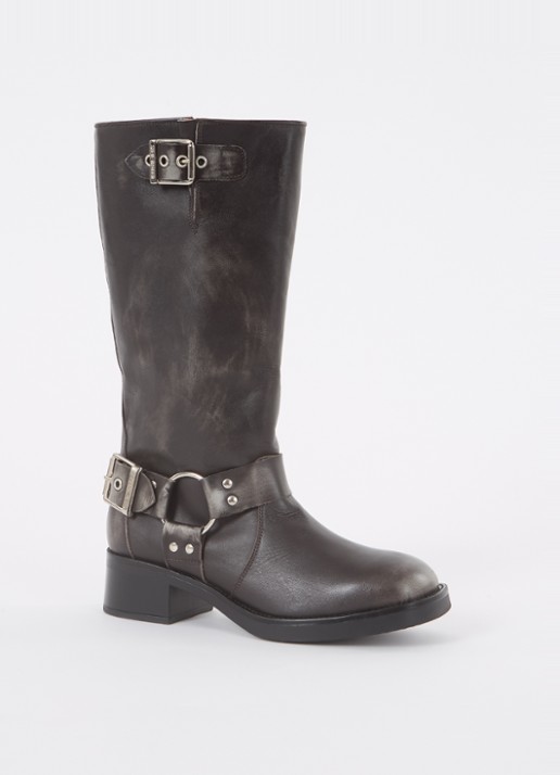 Steve Madden Beau biker boot van leer met gespdetail - voorkant antraciet