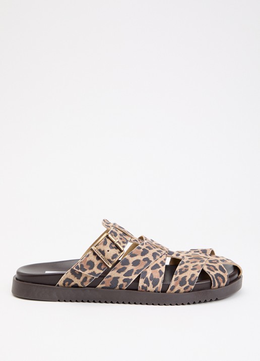 Steve Madden Mamba slipper van suède met panterprint - voorkant camel