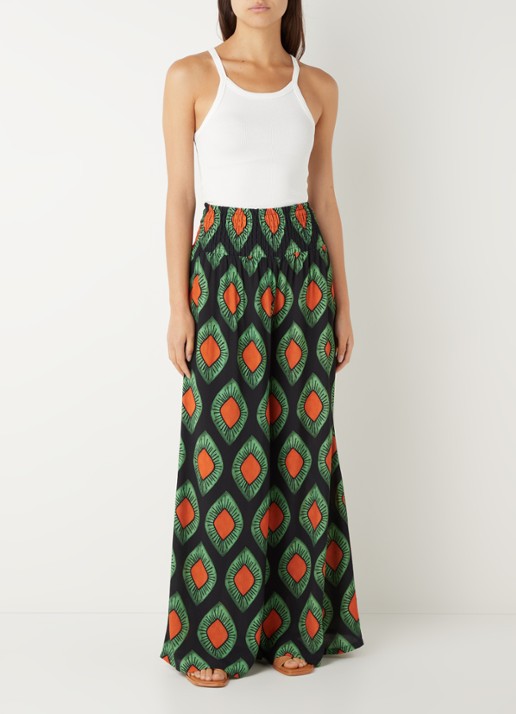 Stieglitz Mata high waist wide fit palazzo broek van viscose met print - voorkant 4 zwart