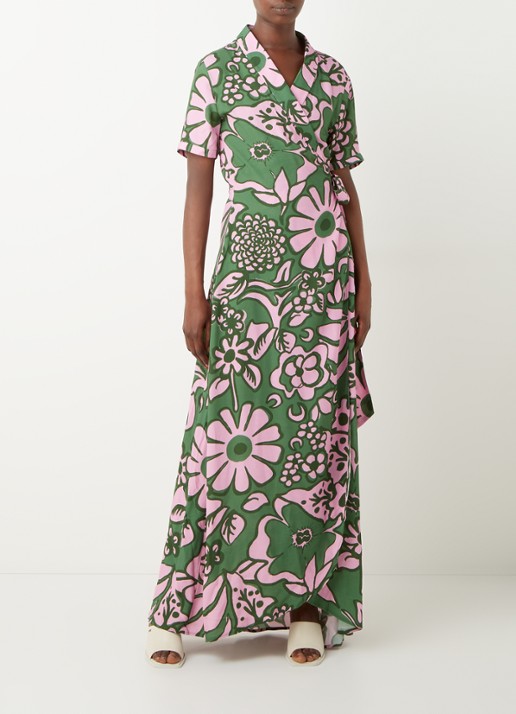Stieglitz Tara maxi wikkeljurk met print in viscoseblend - voorkant 2 groen
