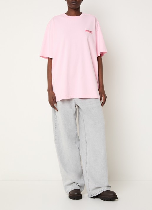 Stieglitz World of Stieg oversized T-shirt met logo- en backprint - voorkant 2 lichtroze