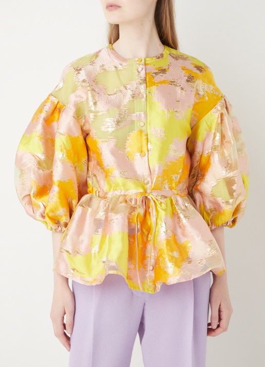 STINE GOYA Ferrah blouse met lurex en ballonmouw - detail geel