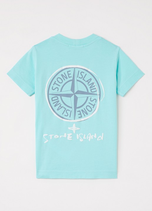 Stone Island 00009 T-shirt met logo- en backprint - voorkant 2 turquoise