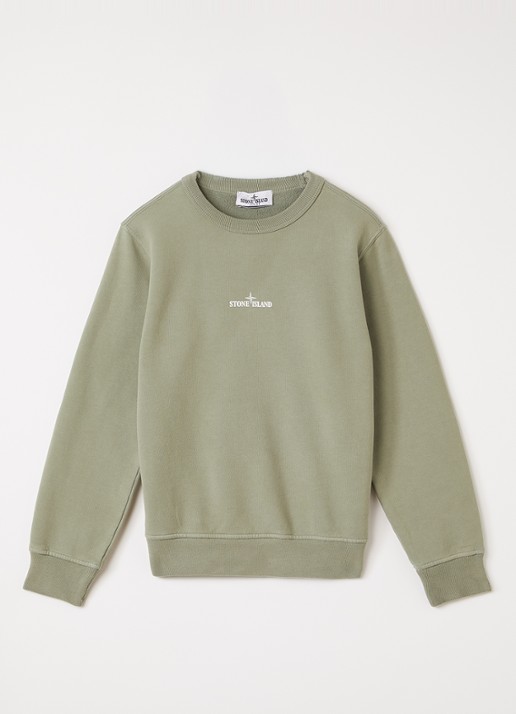 Stone Island 00014 sweater met logo- en backprint - voorkant olijfgroen