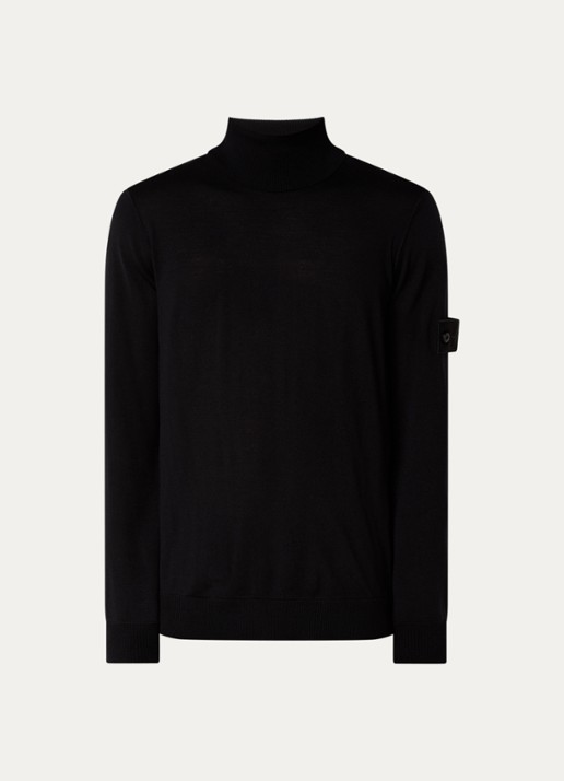 Stone Island 00066 fijngebreide pullover van scheerwol met col - voorkant zwart
