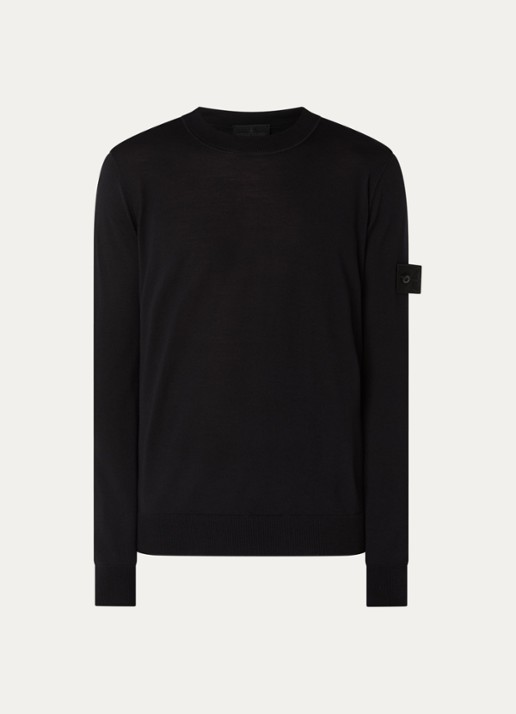 Stone Island 00074 fijngebreide pullover van scheerwol met logo - voorkant zwart
