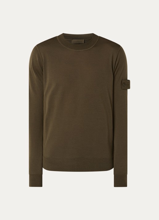 Stone Island 00074 fijngebreide pullover van scheerwol met logo - voorkant 4 legergroen