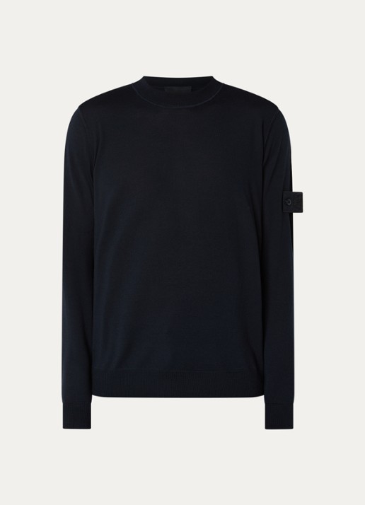 Stone Island 00074 fijngebreide pullover van scheerwol met logo - voorkant 2 donkerblauw