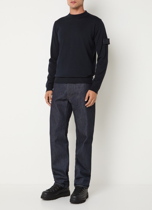 Stone Island 00074 fijngebreide pullover van scheerwol met logo - voorkant 3 donkerblauw