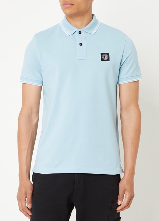 Stone Island 2SC18 slim fit polo van  piqué katoen met logo - detail 4 lichtblauw