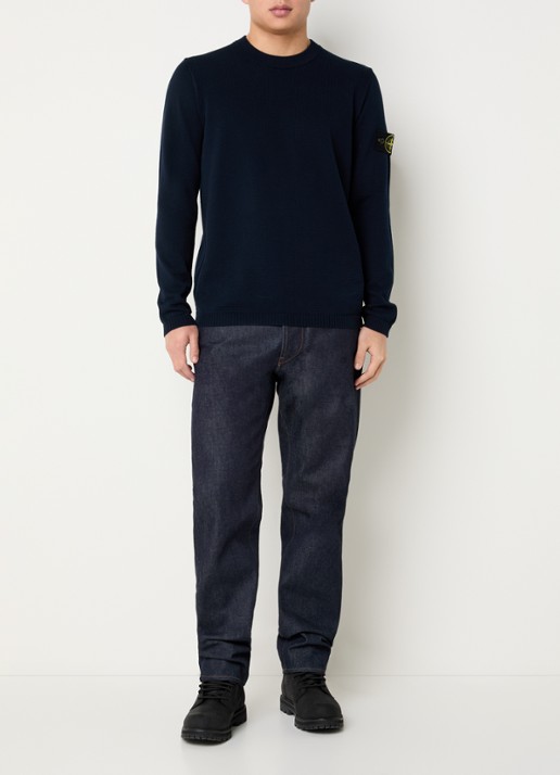 Stone Island 64011 fijngebreide trui met logoborduring - voorkant 3 donkerblauw
