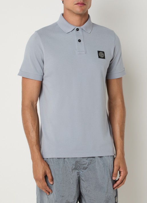 Stone Island S0017 slim fit polo van piqué katoen met logo - detail donkerblauw
